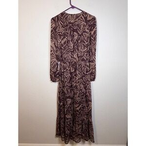 CHELSEA 28 Brown Tan Leaf Print V Neck Long Sleeve Tiered‎ Maxi Dress XS